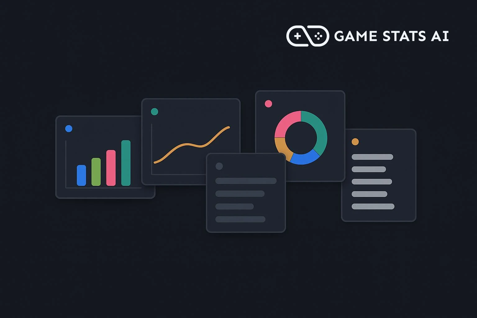 Several analytics dashboard cards side by side, with bar charts, line charts, and a table.