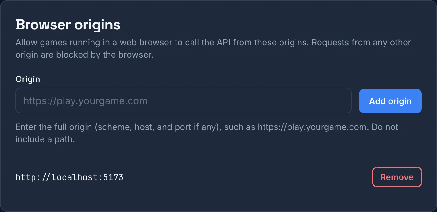The Browser origins settings page with http://localhost:5173 added