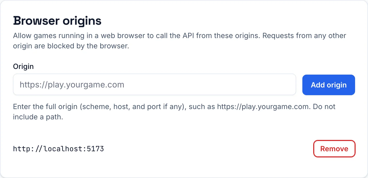 The Browser origins settings page with http://localhost:5173 added