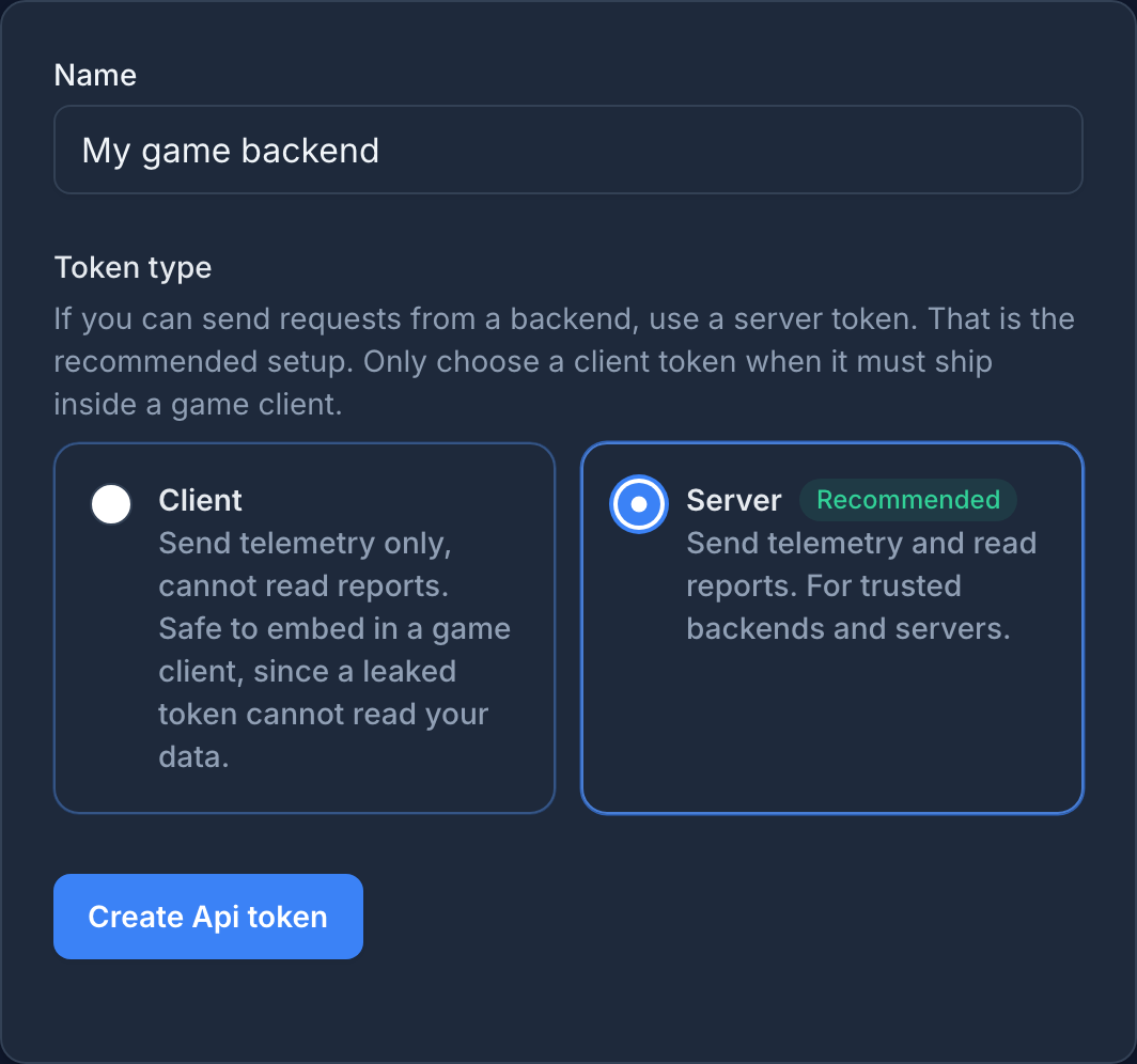 The new API token form with the name filled in and the Server token type selected.