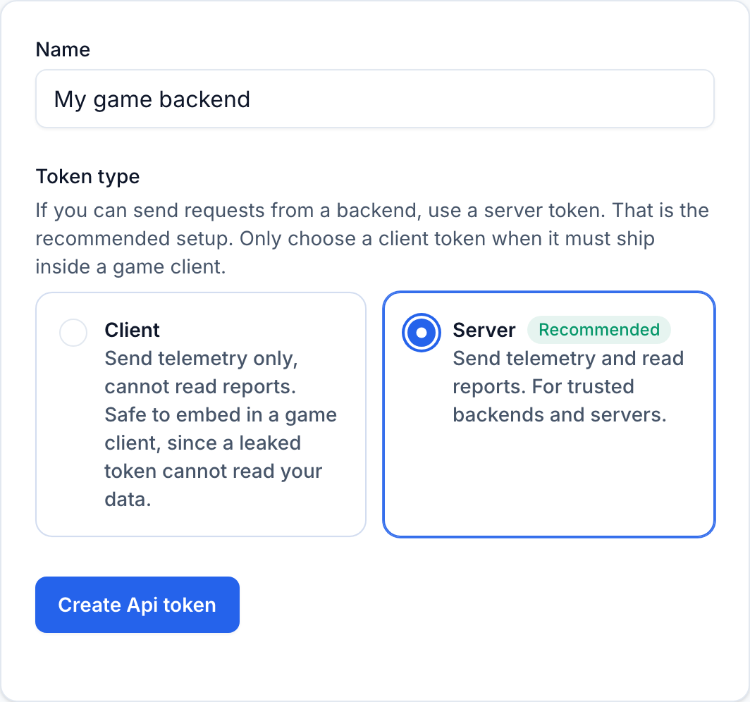The new API token form with the name filled in and the Server token type selected.