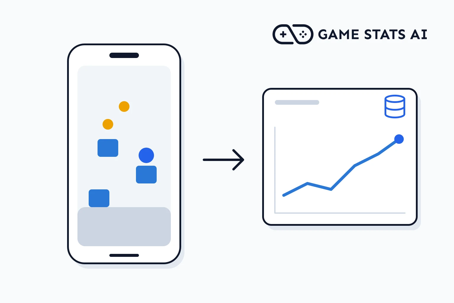 La pantalla de un juego en un celular junto a una tarjeta de dashboard con un gráfico de líneas y un ícono de base de datos.