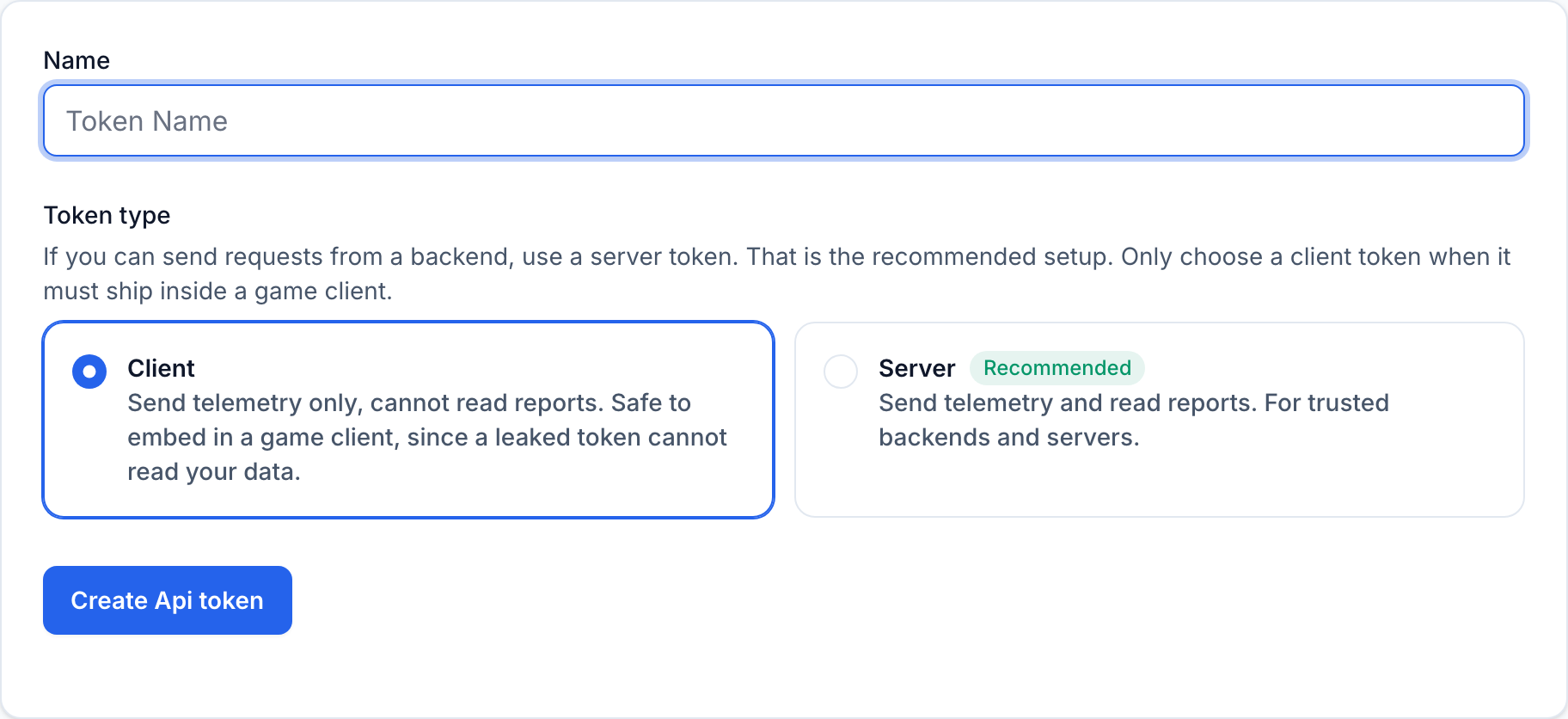 Het scherm voor een nieuw API-token, met een naamveld en een keuze voor tokentype Client of Server