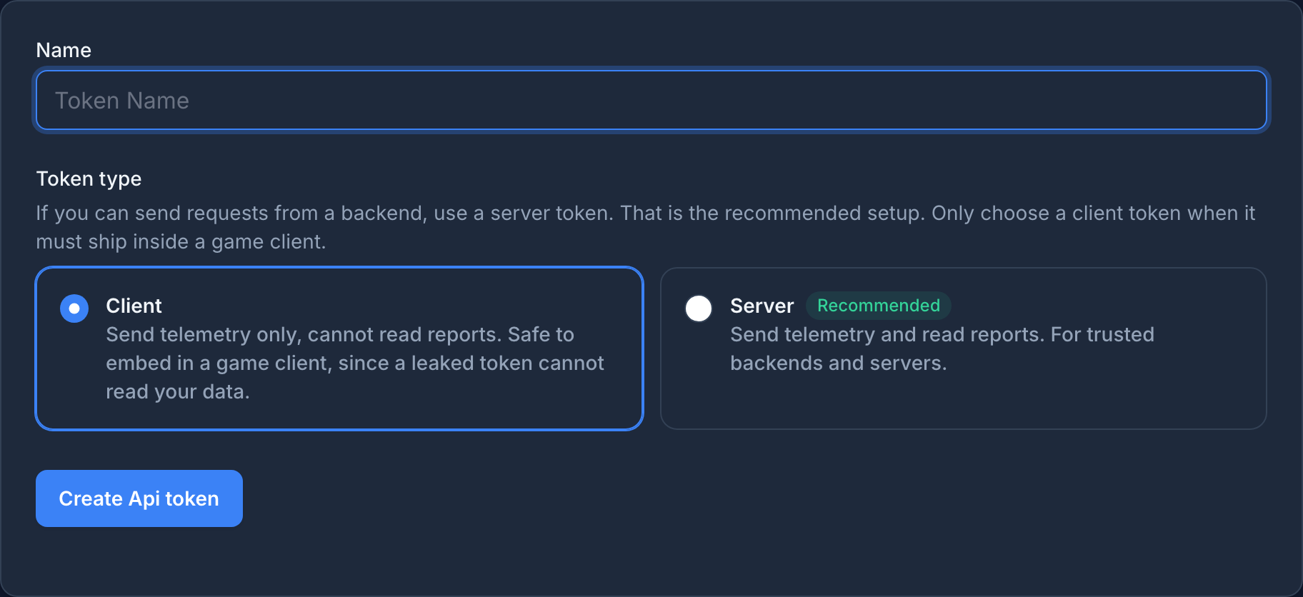 Het scherm voor een nieuw API-token, met een naamveld en een keuze voor tokentype Client of Server