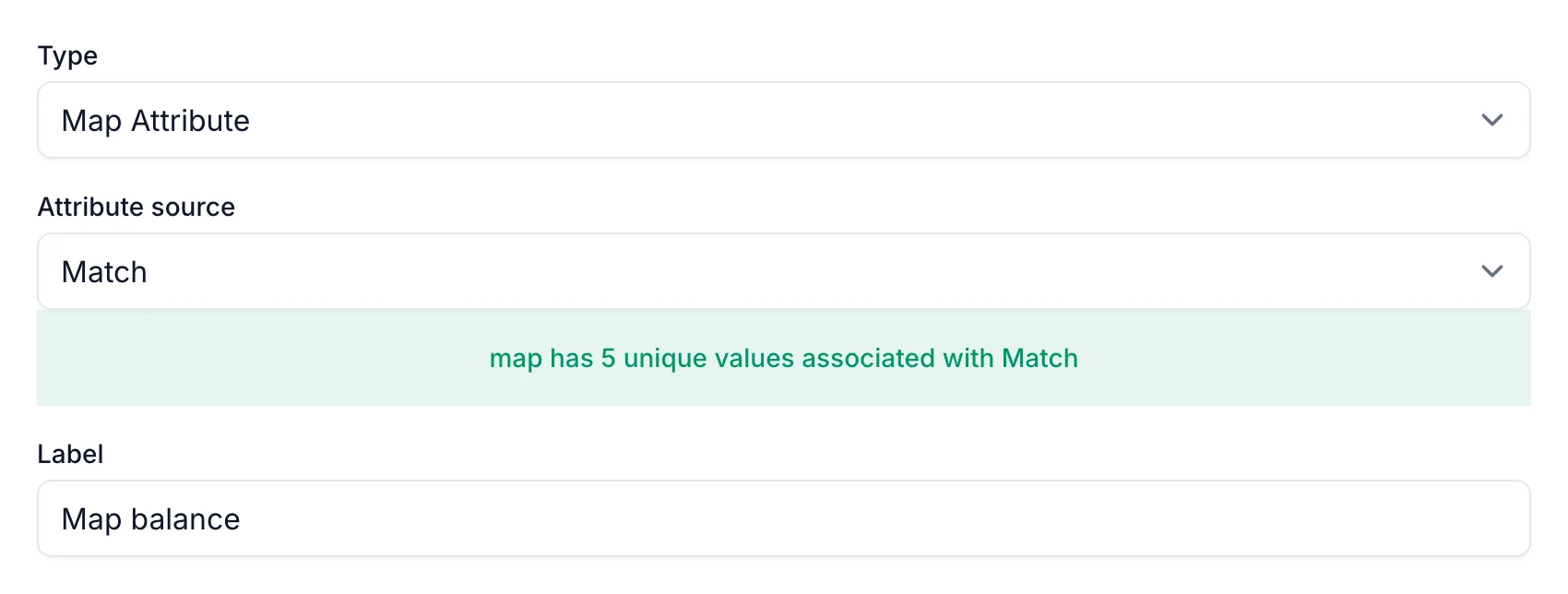 The attribute report form with the Type set to Map Attribute, the Attribute source set to Match, and the label Map balance.