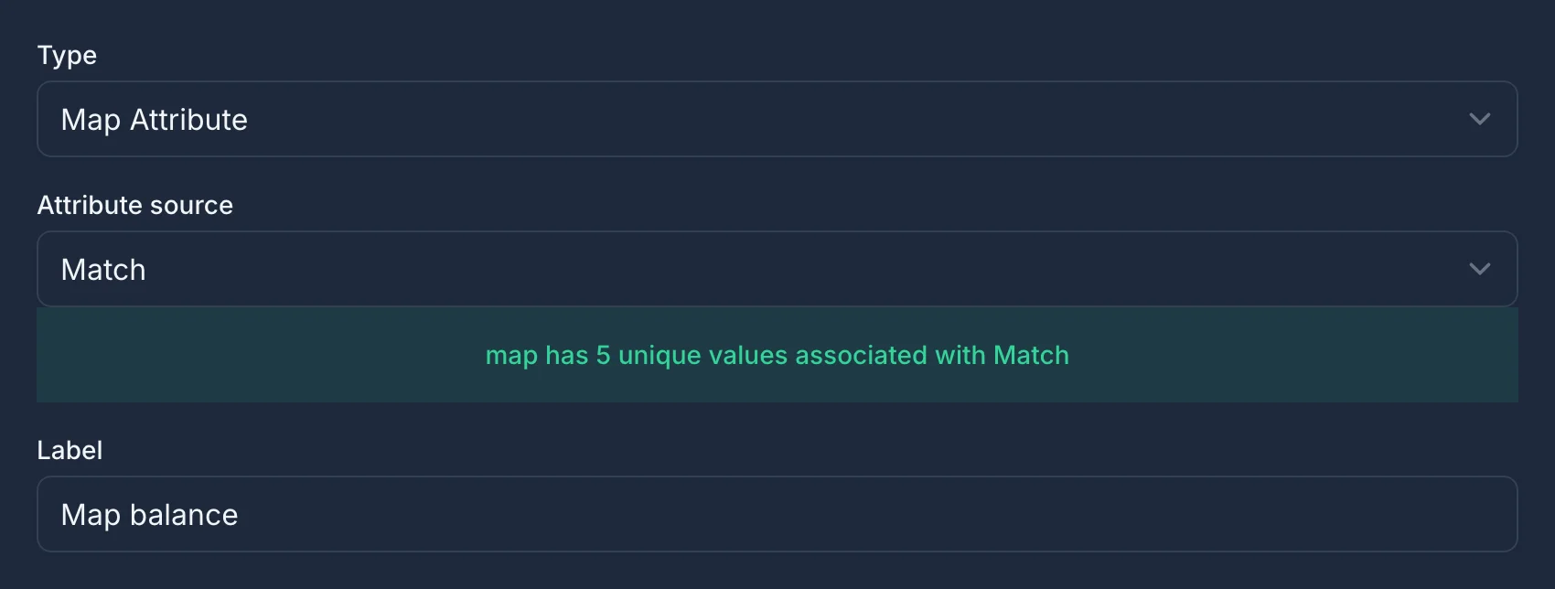 The attribute report form with the Type set to Map Attribute, the Attribute source set to Match, and the label Map balance.