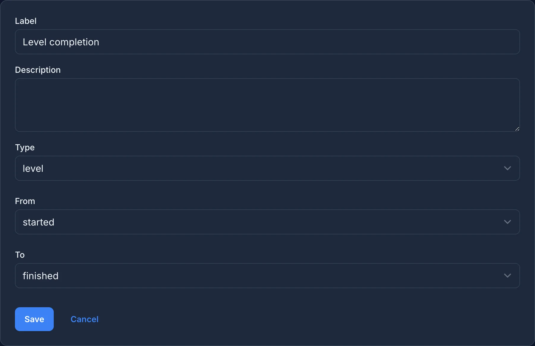 The progression report form with the label Level completion, the type level, From set to started, and To set to finished.