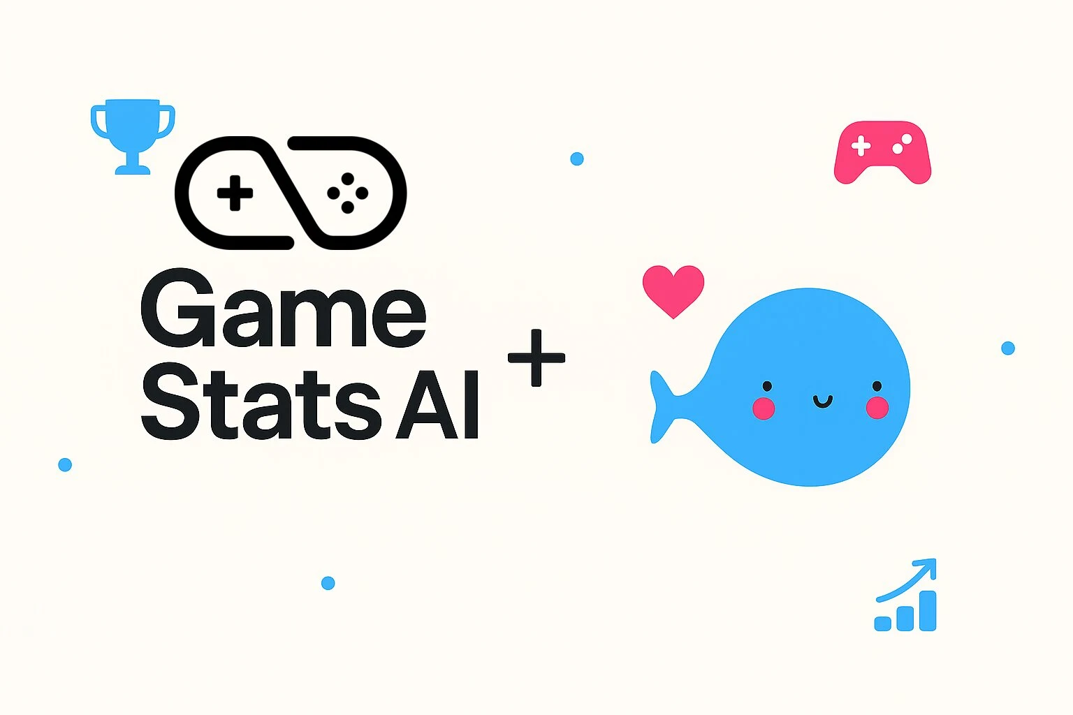 Het Game Stats AI-logo met pictogrammen van een trofee, een gamecontroller en een staafgrafiek naast een lachende blauwe walvis.